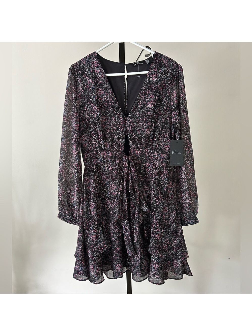 Femme by Design Black Dress with Pink Floral Speckle and Ruffle Hem, Size Medium